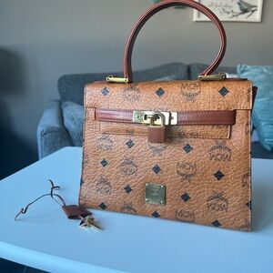 MCM Cognac Visetos Brown Top-Handle Satchel with Gold Hardware